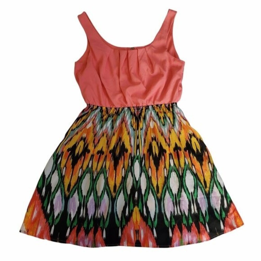 Paper Doll Coral Multi Color Abstract Print Sleeveless Dress sz L